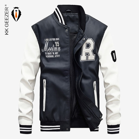 Leather Jacket Men Bomber Baseball Jacket Biker Pu Coat Faux Pilot  Varsity Fleece College Top Leather Black Slim Fit Motorcycle